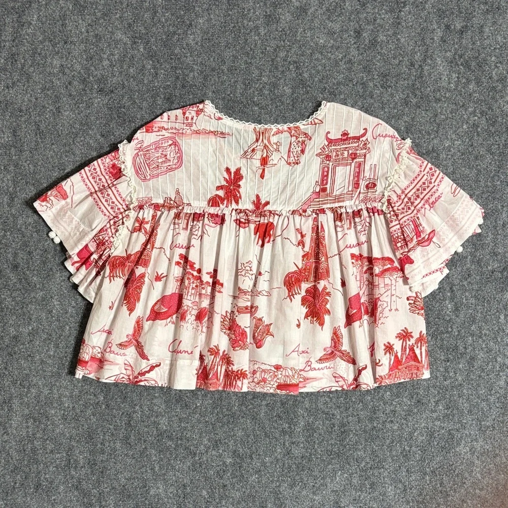 FARM Rio Nossa Lingua Blouse M Red Toile Boho Luxe Statement Top - Picture 4 of 5